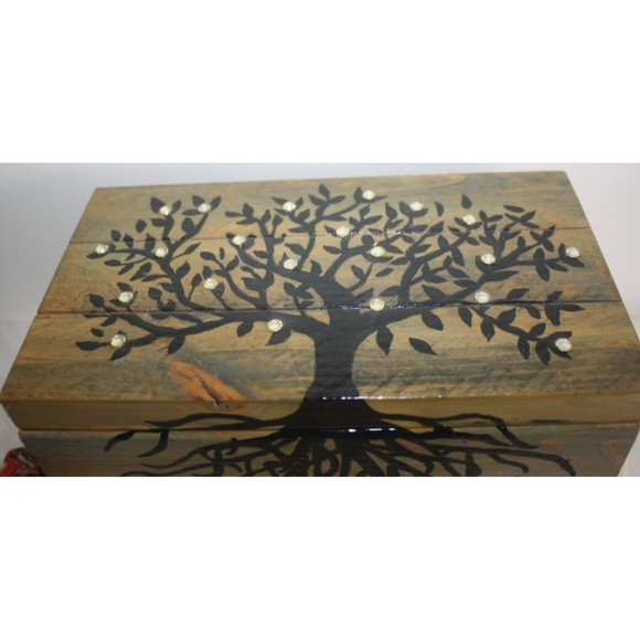 Tree Of Life Wooden Memory Box Handmade Rhinestone Embellished Stained GUC - Picture 2 of 10